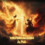 TENSPOONSINAROOM ALPHA title card with an angelic and a demonic figure facing off in a fiery sky